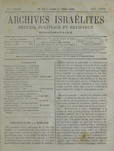 Archives israélites de France. Vol.41 N°14 (01 avr. 1880)